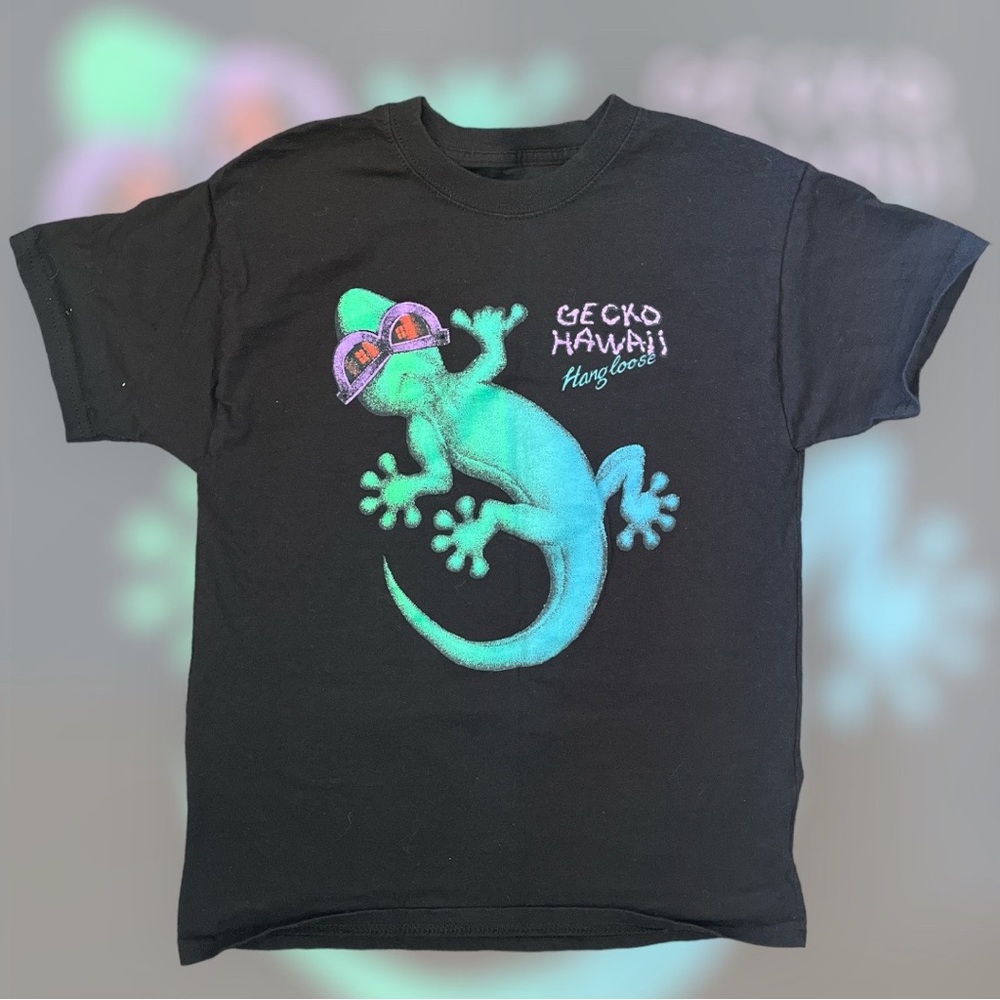Gecko Hawaii “Hangloose”, Hanes Youth Black Tee, Size Medium Vtg